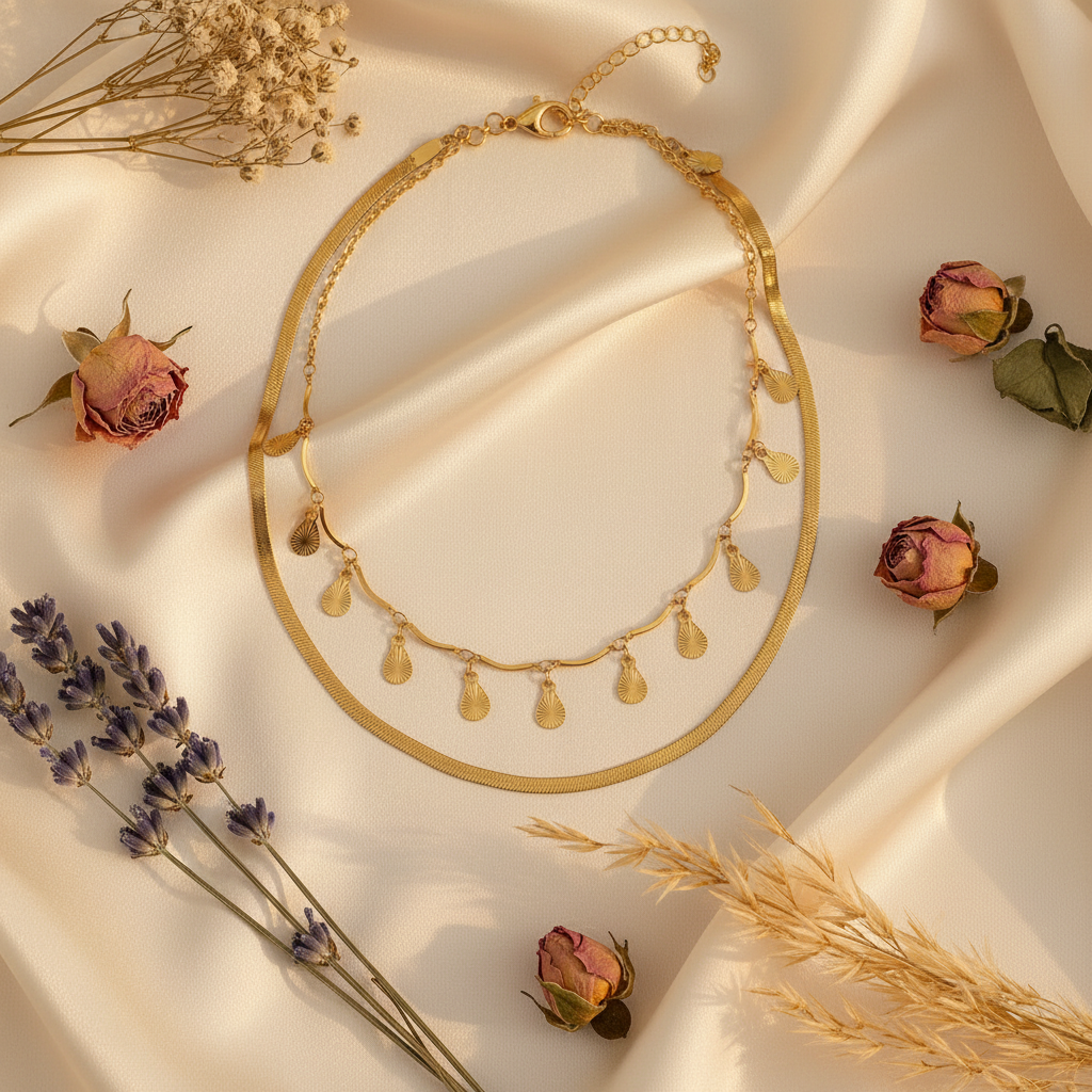 Solar Fringe Layered Necklace Set – silk and botanicals flat lay
