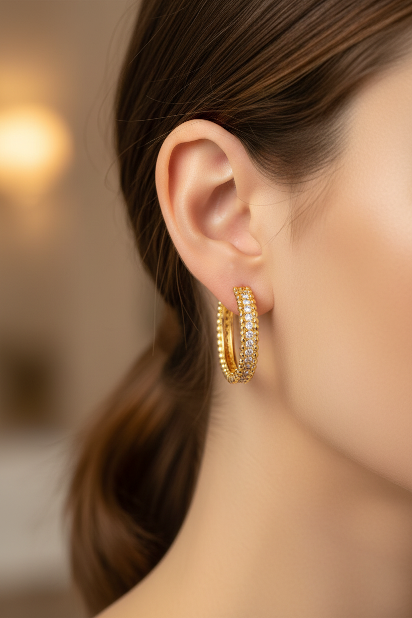 Gold Pavé Crystal Hoop Earrings worn on model