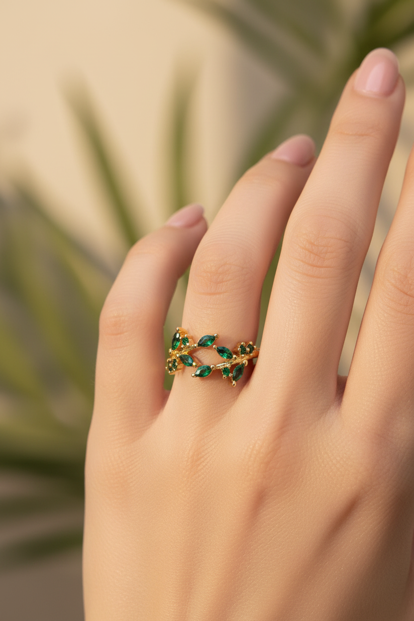 Emerald leaf ring worn on finger lifestyle shot