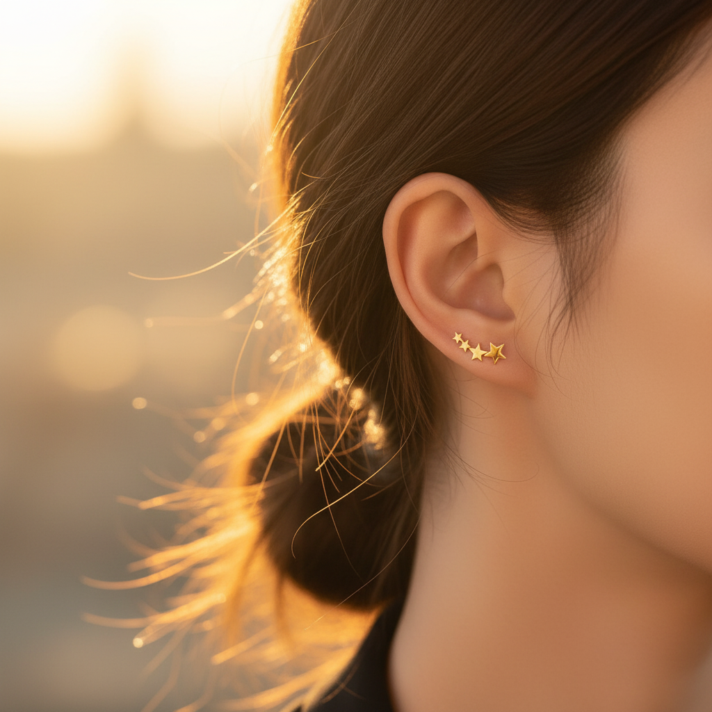 Gold Star Crawler Earrings - golden hour on ear