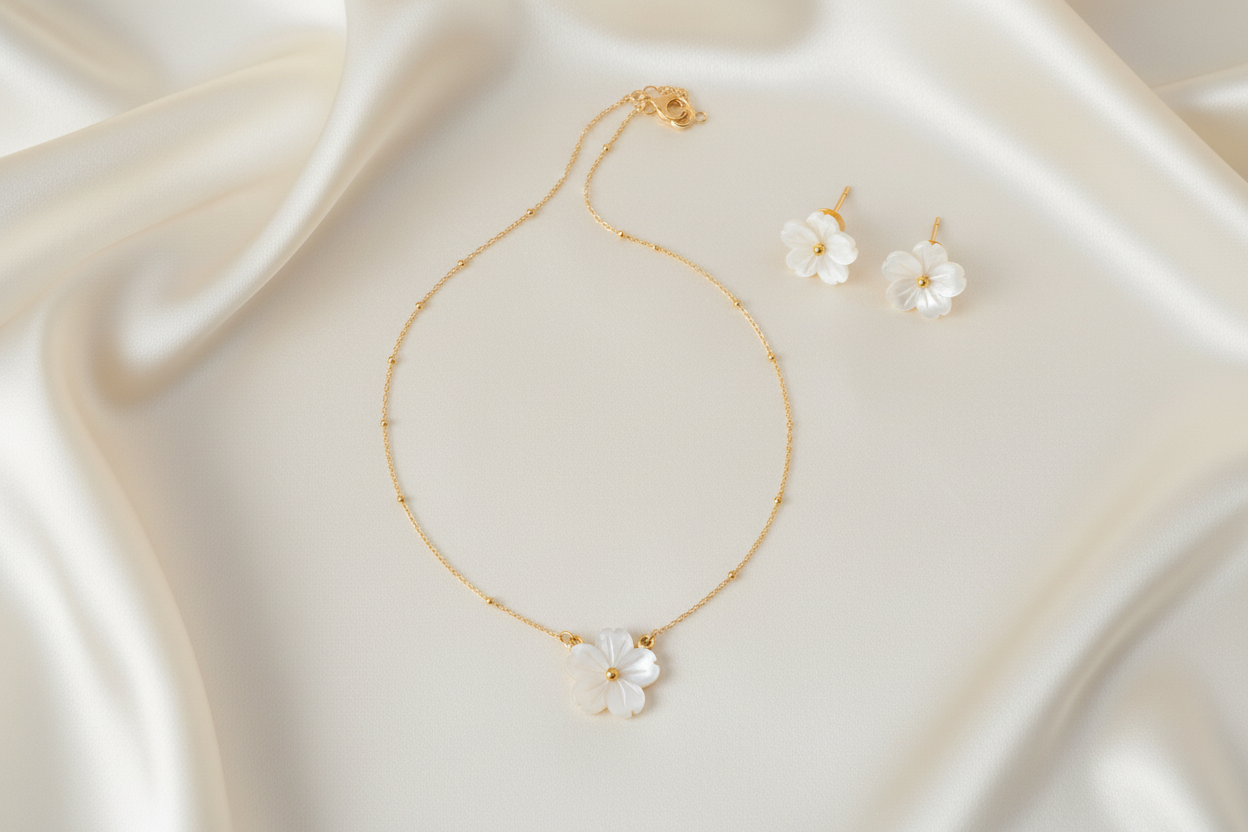 Mother of pearl flower necklace and earrings set on cream silk