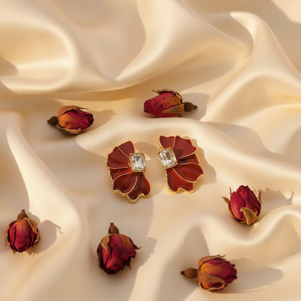 Rouge Petal Earrings – silk and roses flat lay